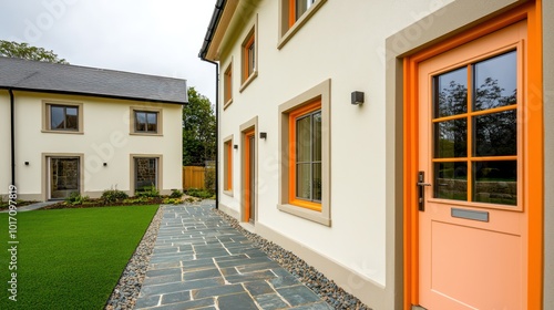 Ultra-modern dwelling with ochre window frames and cream walls, featuring a topaz terrace and slate path The door is peach, and the lawn is emerald photo