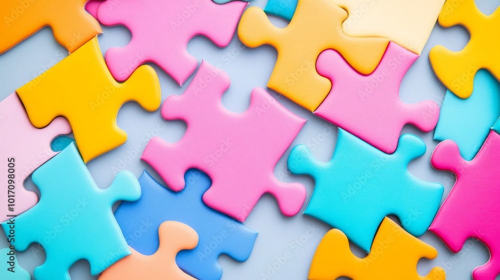 Obraz premium A collection of puzzle pieces in different shapes and colors, ready to be assembled. The pieces are set against a colorful background.