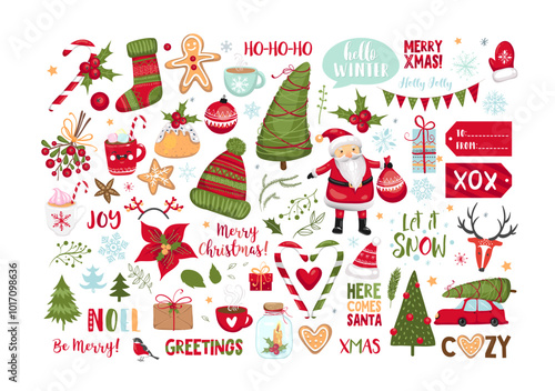 Cute Christmas set of festive symbols, design elements. New year hand draw flat illustration on white background. stickers, badges, scrapbooking elements