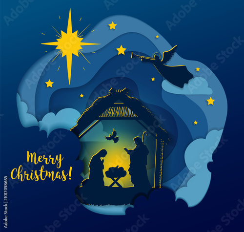 Holy Family Birth of Christ 3d paper cut. Baby Jesus in the manger. Three wise kings and star of Bethlehem - east comet. Nativity Christmas graphics design, vector illustration.