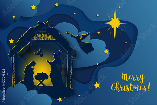 Holy Family Birth of Christ 3d paper cut. Baby Jesus in the manger. Three wise kings and star of Bethlehem - east comet. Nativity Christmas graphics design, vector illustration.