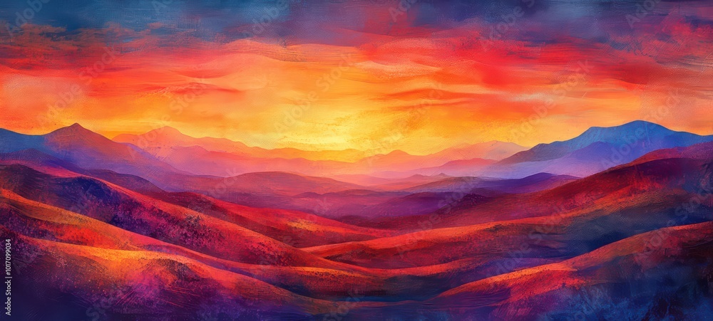Fototapeta premium A richly textured, hand-painted illustration of a desert landscape at sunset, with warm orange and red tones blending with soft purples and blues to create a mesmerizing scene