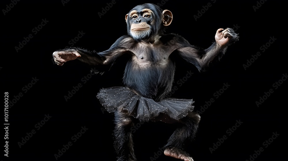 Chimpanzee Monkey in Skirt Dancing Ballet, Black Background, Wallpaper, Cover and Screen for Smartphone, PC, Laptop, 9:16 and 16:9 Format Chimpanzee Monkey in Skirt Dancing Ballet, Black Background, Wallpaper, Cover and Screen for Smartphone, PC, Laptop, 9:16 and 16:9 Format