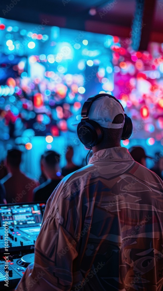 A DJ mixes music in front of a crowd. AI. A DJ mixes music in front of a crowd. AI.
