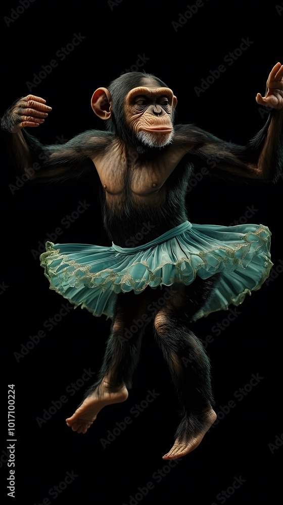 Chimpanzee Monkey in Skirt Dancing Ballet, Black Background, Wallpaper, Cover and Screen for Smartphone, PC, Laptop, 9:16 and 16:9 Format Chimpanzee Monkey in Skirt Dancing Ballet, Black Background, Wallpaper, Cover and Screen for Smartphone, PC, Laptop, 9:16 and 16:9 Format