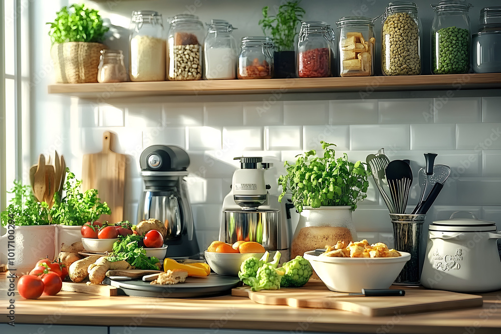 a kitchen counter full of food cooking tools a kitchen counter full of food cooking tools