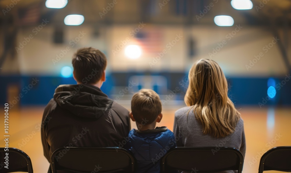 A family watches a game from the stands. AI. A family watches a game from the stands. AI.