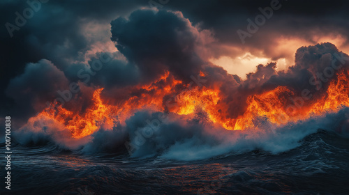 A stormy sky filled with turbulent clouds, where gusts of wind fan the flames of a blazing fire, which meets the crashing waves below. The elements twist and merge in a dramatic battle of energy.