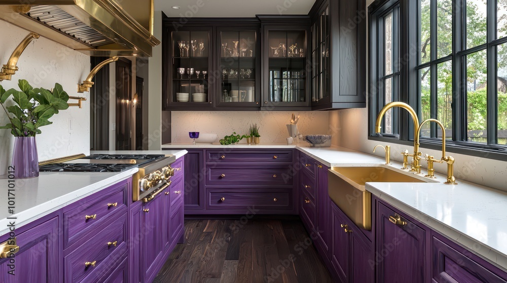 Elegant kitchen with violet wood cabinets, cream limestone countertops, gold sink faucet, and dark walnut wood flooring Elegant kitchen with violet wood cabinets, cream limestone countertops, gold sink faucet, and dark walnut wood flooring