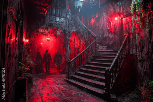 A Halloween-themed haunted house attraction, where guests encounter ghosts and ghouls. Concept of entertainment. photo