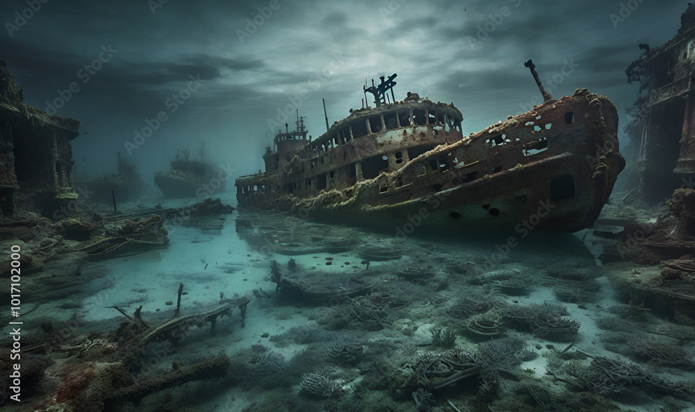Mystical underwater world: shipwreck, rusty hulls and sea life Mystical underwater world: shipwreck, rusty hulls and sea life