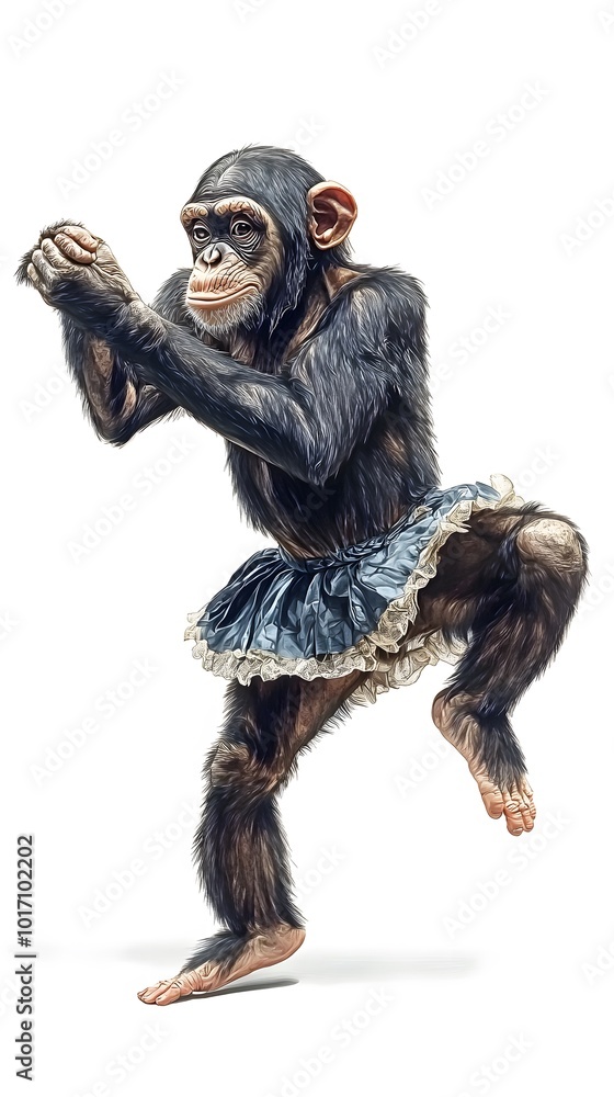 Chimpanzee Monkey in Skirt Dancing Ballet, White Background, Wallpaper, Cover and Screen for Smartphone, PC, Laptop, 9:16 and 16:9 Format Chimpanzee Monkey in Skirt Dancing Ballet, White Background, Wallpaper, Cover and Screen for Smartphone, PC, Laptop, 9:16 and 16:9 Format
