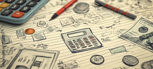 A stylized, hand-drawn income and expense report illustration, featuring small doodles of coins, dollar bills, and calculators, giving the statement a creative and fun vibe photo