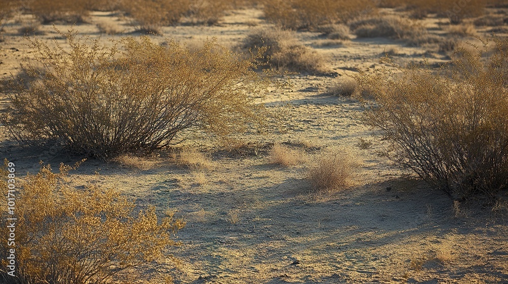 Golden Desert Landscape with Sunlit Bushes Golden Desert Landscape with Sunlit Bushes