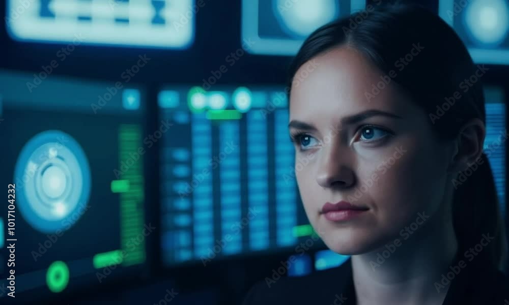 Female IT Engineer Focused in a Monitoring Room with Multiple Displays Female IT Engineer Focused in a Monitoring Room with Multiple Displays