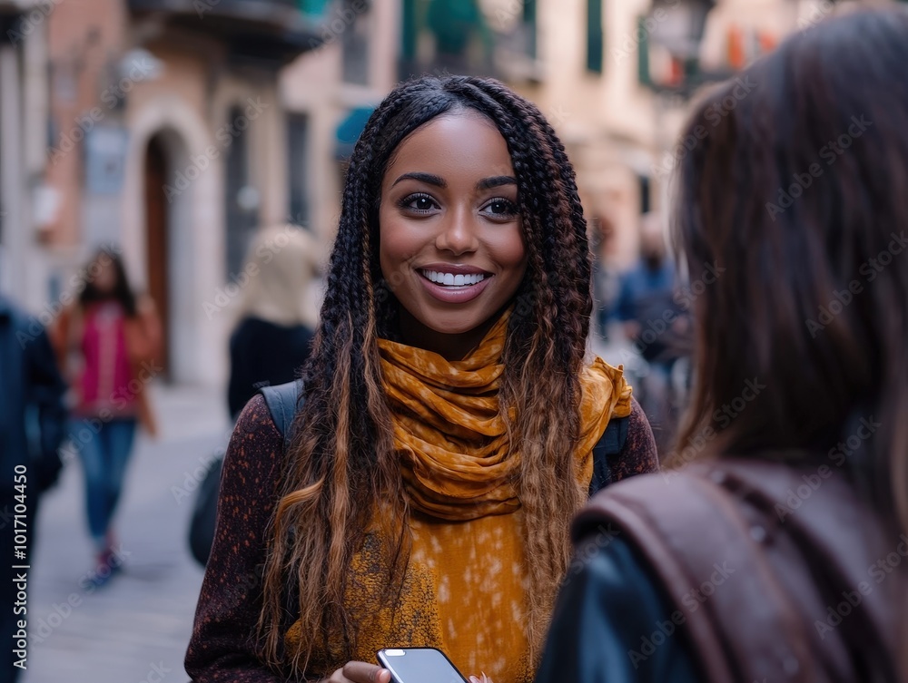 A young woman with braided hair smiles while holding a smartphone, standing in a vibrant street scene full of reflections of culture and friendships in city life. A young woman with braided hair smiles while holding a smartphone, standing in a vibrant street scene full of reflections of culture and friendships in city life.