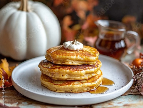 Pumpkin pancakes on a white plate with a white pumpkin and a mini pitcher of maple syrup in the background and autumn sprigs in the foreground