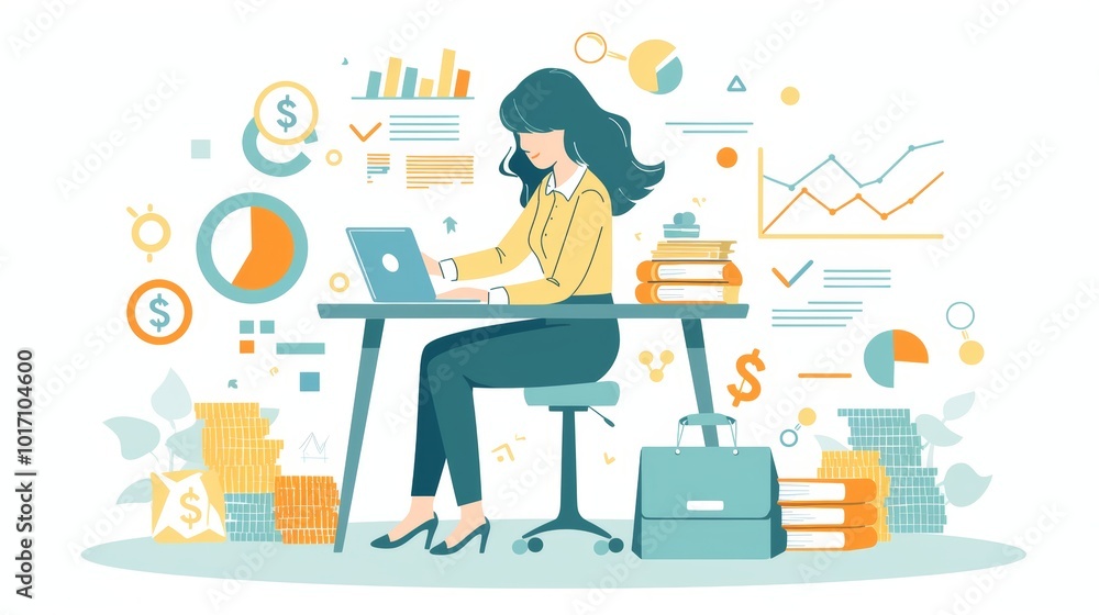 Woman working on laptop amidst financial graphs and charts Woman working on laptop amidst financial graphs and charts
