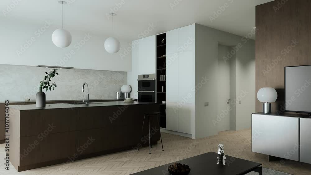 A modern kitchen with an inviting island and a sleek design that embodies contemporary style A modern kitchen with an inviting island and a sleek design that embodies contemporary style