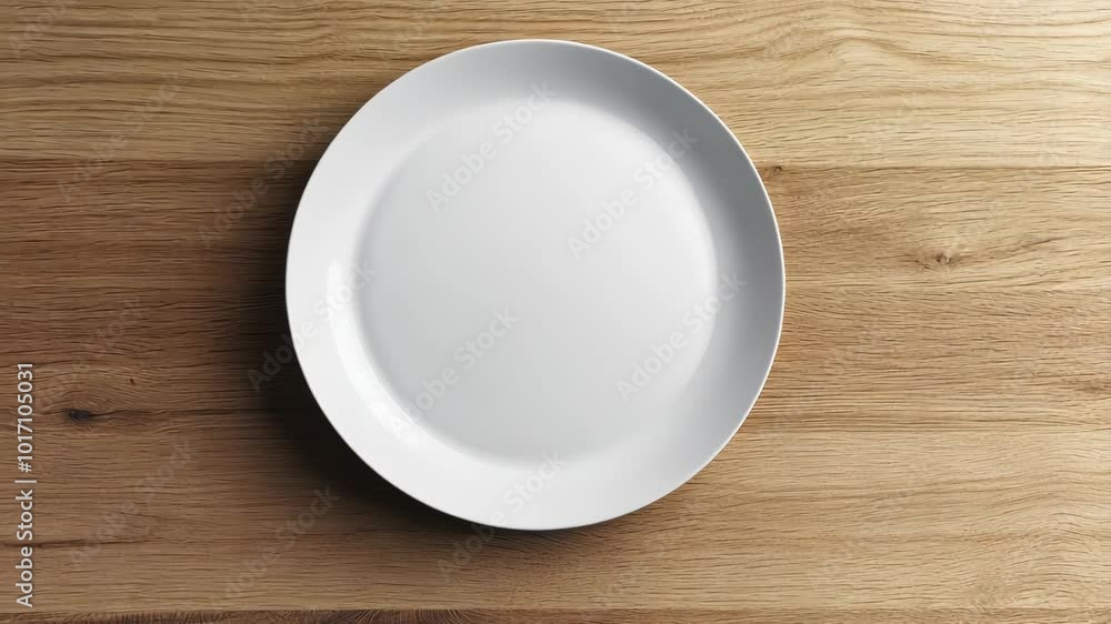 A white plate sits on a wooden table, ready for a meal A white plate sits on a wooden table, ready for a meal