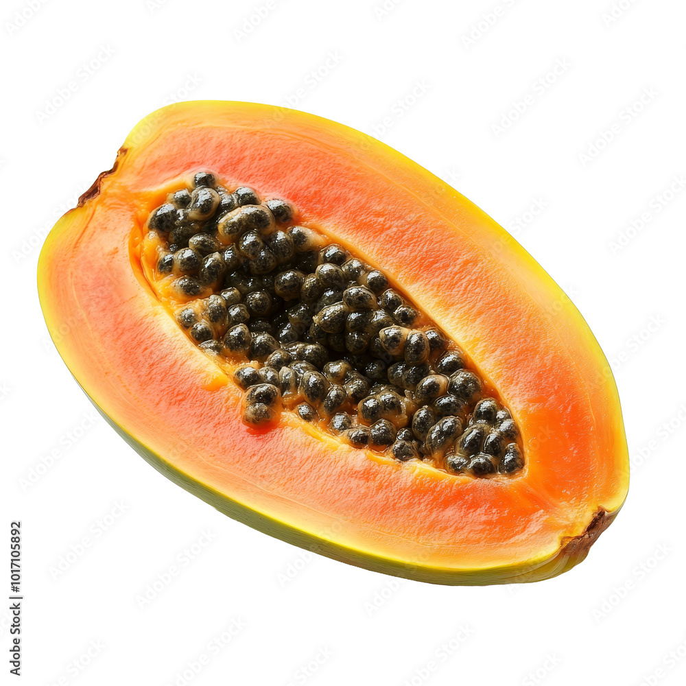 Shiny orange papaya cut in half, revealing black seeds, on a clean Png background, ideal for healthy culinary uses, Papaya fruit isolated on Png background Shiny orange papaya cut in half, revealing black seeds, on a clean Png background, ideal for healthy culinary uses, Papaya fruit isolated on Png background
