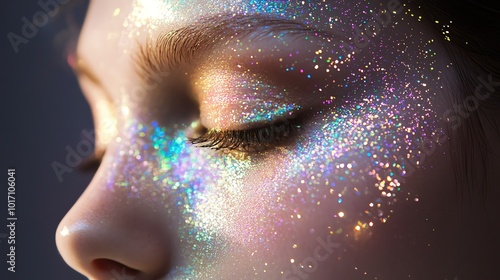 Close-up of a woman's eye with shimmering iridescent glitter makeup.