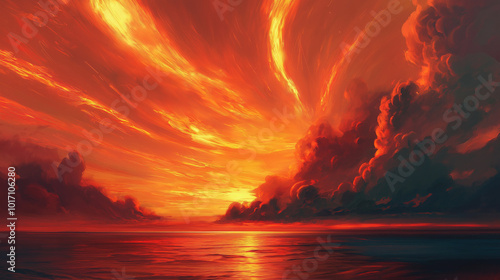 A futuristic landscape where streams of liquid fire flow through the sky, carried by powerful winds, while beneath, a calm sea reflects the fiery ribbons above.