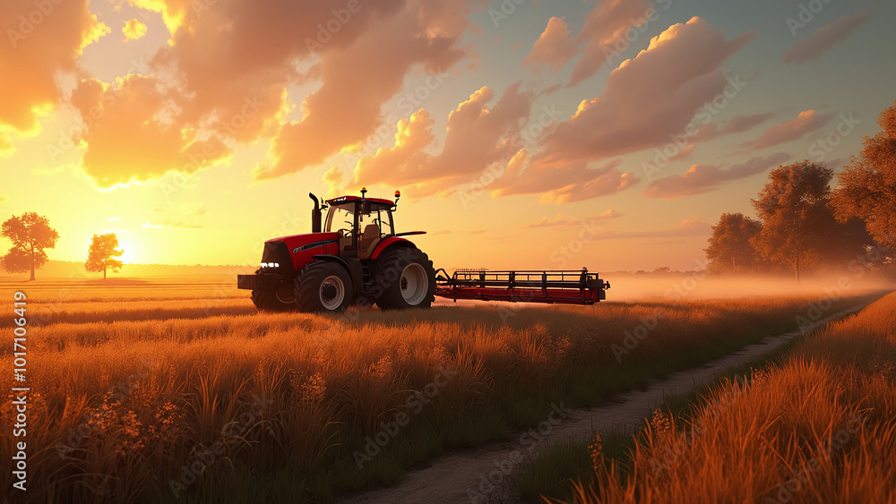 Fototapeta premium Red Tractor in Agricultural Field at Sunrise