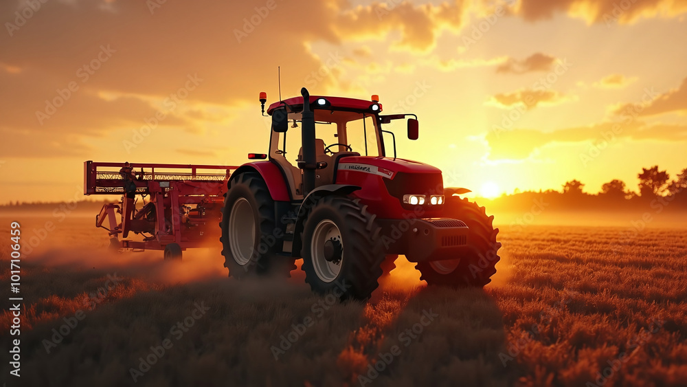 Fototapeta premium Red Tractor in Agricultural Field at Sunrise