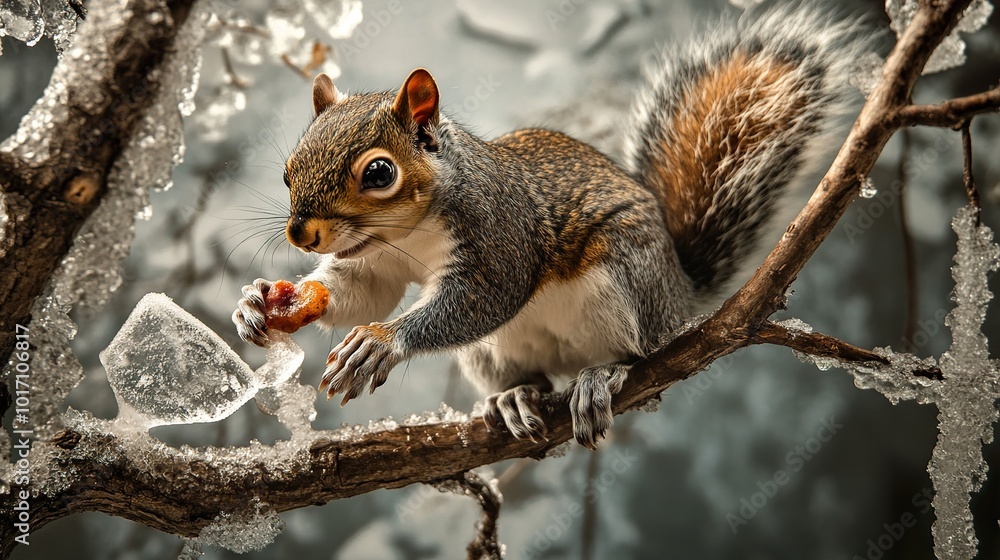 Fototapeta premium Cute Squirrel Eating Nuts on a Snowy Branch