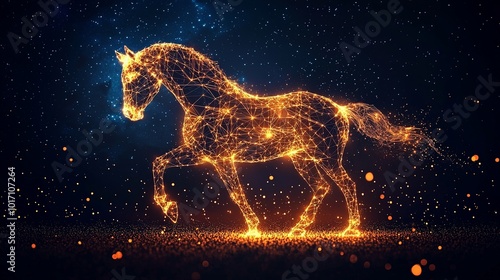 A vibrant horse visualized in glowing orange particles, embodying speed and strength, races through an abstract, cosmic background, evoking fiery energy.