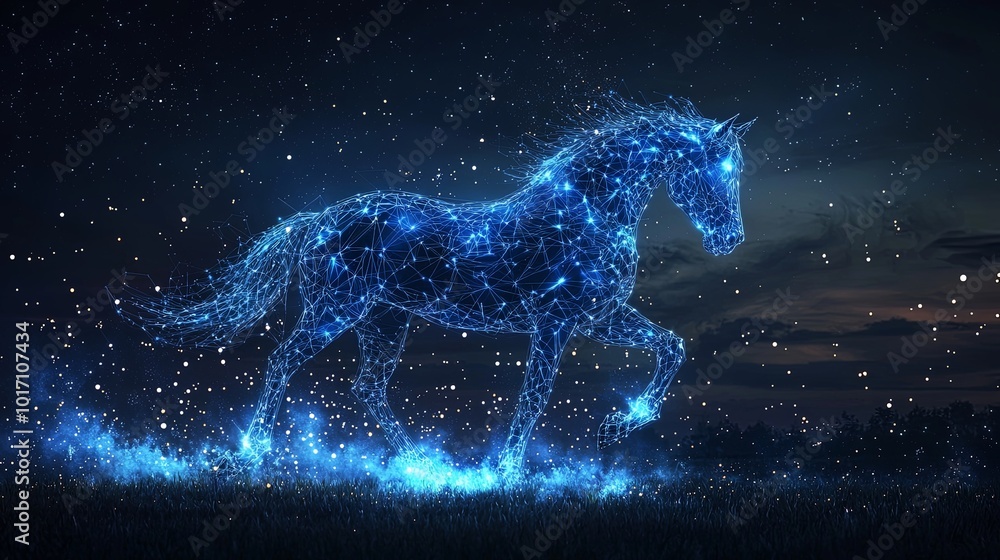 A horse figure emerges in radiant blue lights, elegantly striding in a dark landscape, representing an interplay of light, movement, and digital creativity. A horse figure emerges in radiant blue lights, elegantly striding in a dark landscape, representing an interplay of light, movement, and digital creativity.