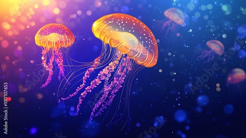 A group of glowing jellyfish swim in a colorful underwater scene.