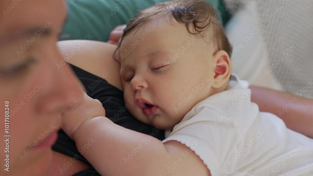 Baby peacefully sleeping on mother's chest with mouth slightly open, head resting comfortably, serene bonding moment between mother and child Baby peacefully sleeping on mother's chest with mouth slightly open, head resting comfortably, serene bonding moment between mother and child