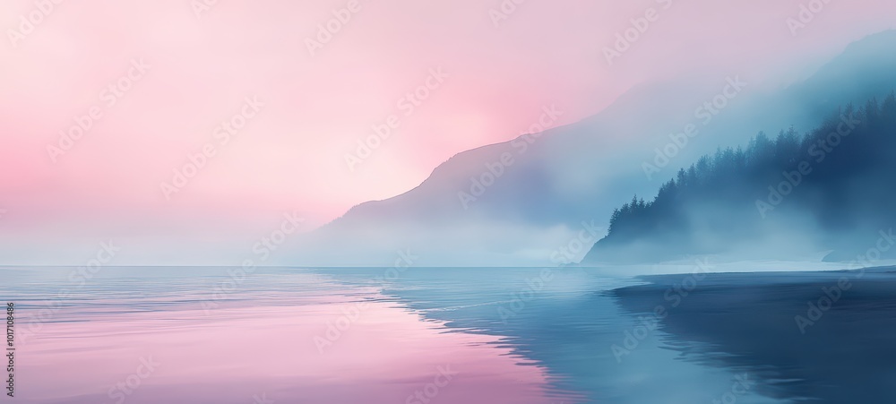 Naklejka premium A watercolor-inspired illustration of a tranquil seaside landscape, with soft hues of blue, pink, and purple blending together to create a serene and soothing scene