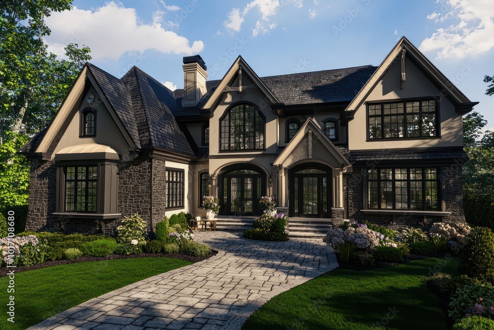 Visualization of a home with warm taupe accents, traditional design, dark cobblestone and ash details, ample windows, bone-colored roof trim, a limestone driveway, and a manicured green yard Visualization of a home with warm taupe accents, traditional design, dark cobblestone and ash details, ample windows, bone-colored roof trim, a limestone driveway, and a manicured green yard