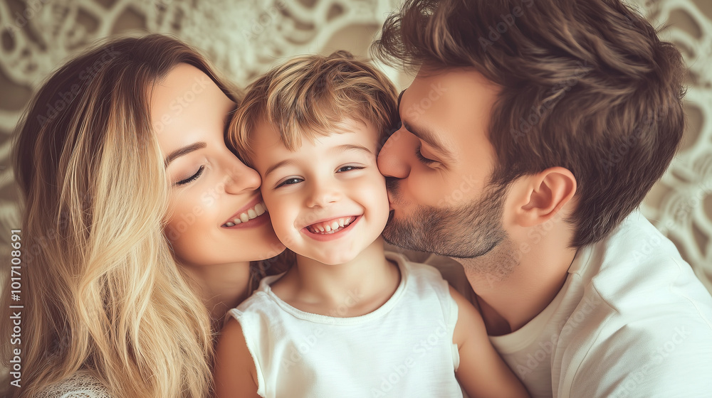 A happy family, mom and dad kissing their smiling son. A happy family, mom and dad kissing their smiling son.