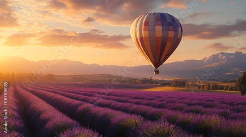 Hot air balloon flying over a field of lavender at sunset.