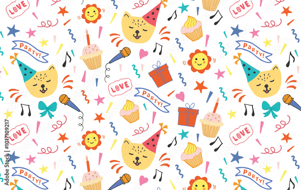 A fun hand-drawn background for a party with cats, cakes, gift boxes, balloons and karaoke. Seamless pattern is great for birthday parties, textiles, banners, wallpapers, packaging - Vector design A fun hand-drawn background for a party with cats, cakes, gift boxes, balloons and karaoke. Seamless pattern is great for birthday parties, textiles, banners, wallpapers, packaging - Vector design