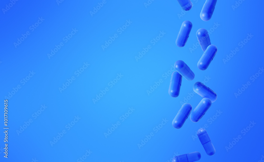 Blue capsules falling, blue background, medical visual concept, copy space Blue capsules falling, blue background, medical visual concept, copy space