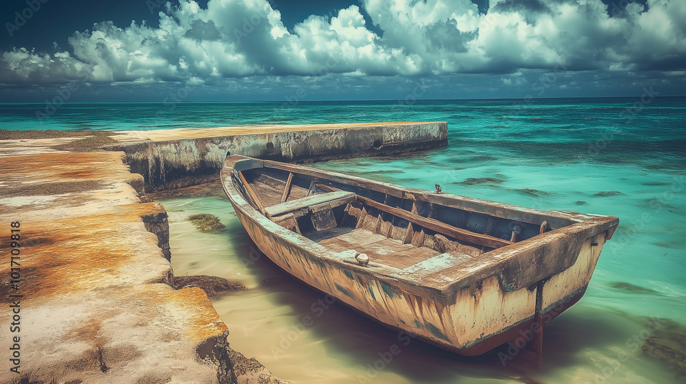 A weathered wooden boat rests on the shore of a turquoise sea. A weathered wooden boat rests on the shore of a turquoise sea.