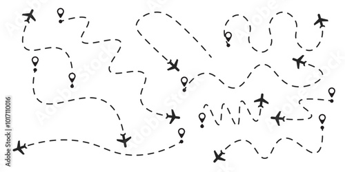 Aeroplane tourism routes illustrations isolated black set for Your journey. Vector icons in flat style.