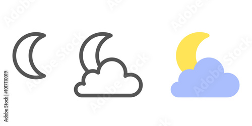 Crescent shape colored and outlined with cloud illustration set as sleep sign. Vector icons in flat style