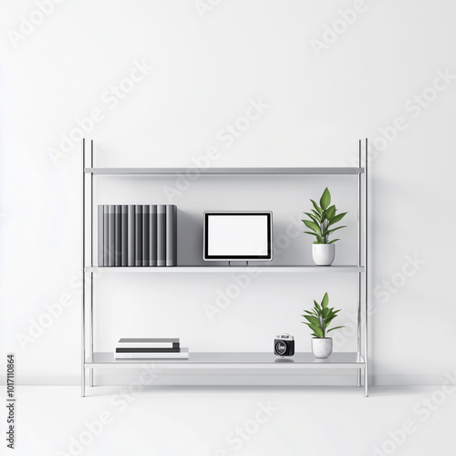 Sleek Chrome Bookrack Adorned with High-Tech Gadgets: Modern Home Office Solution photo