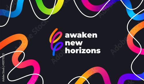 Bright Gradient Lines on a Dark Background. Colorful Vivid Curve Frame. Celebration Background with Swirl Spiral Pattern in Graffiti Style.