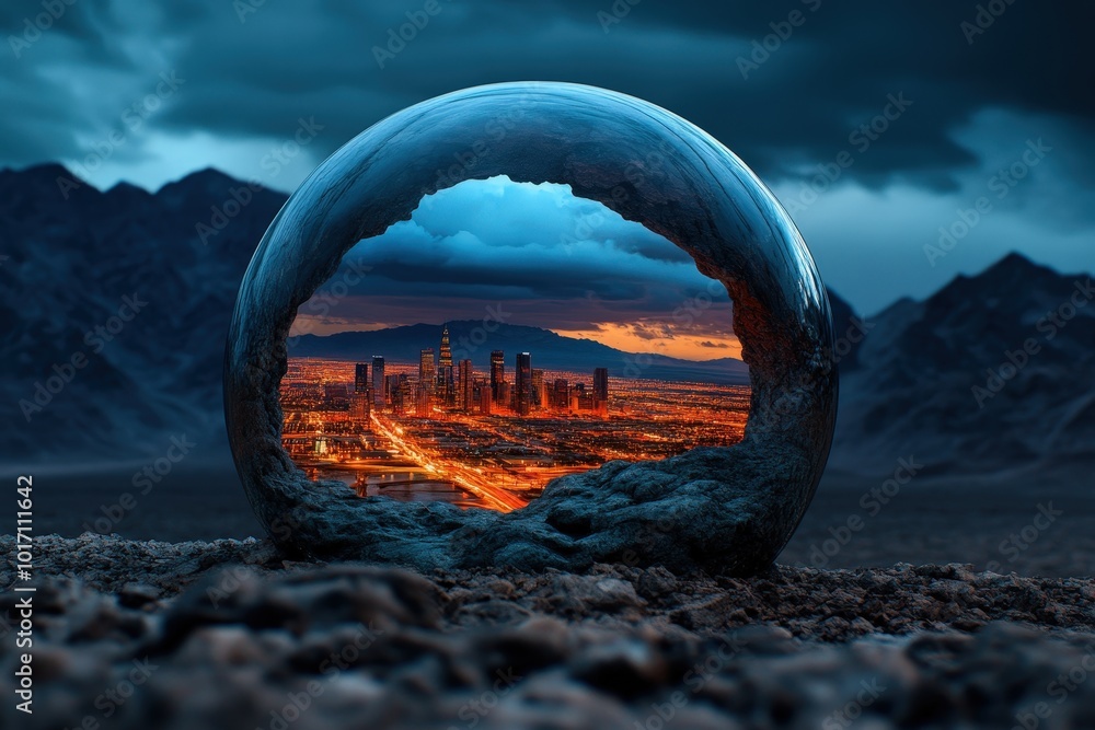 Fototapeta premium A vibrant cityscape with towering buildings is uniquely enclosed within a rocky sphere amidst a rugged landscape, offering a juxtaposition of nature and urban living.
