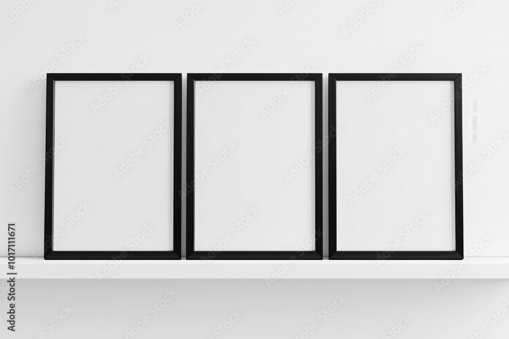 Three empty black vertical mock up frames on the wall