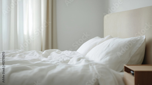 Close-up of a beige bed in a modern minimalist bedroom