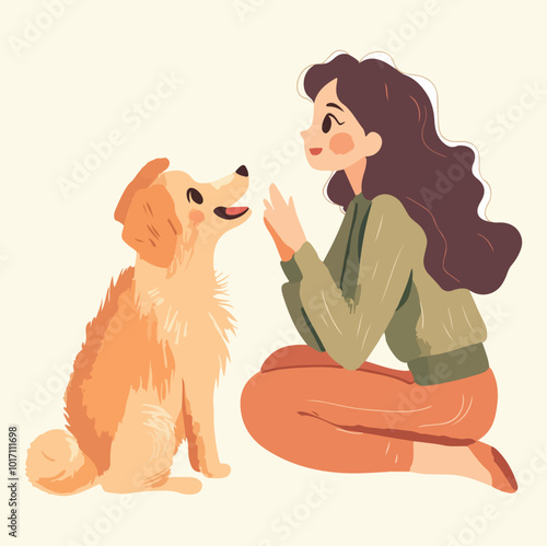 A woman with her pet dog illustration