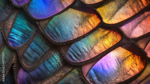 Macro shot of a butterfly wing with vibrant iridescent colors.